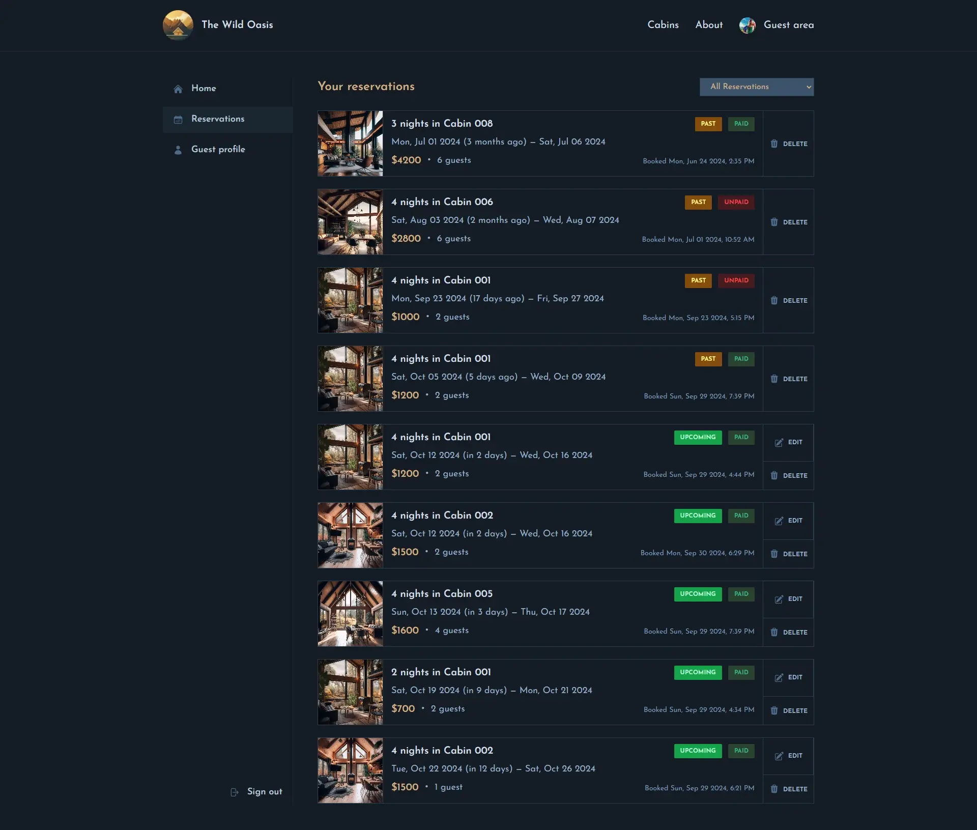 Reservation page of Wild Oasis