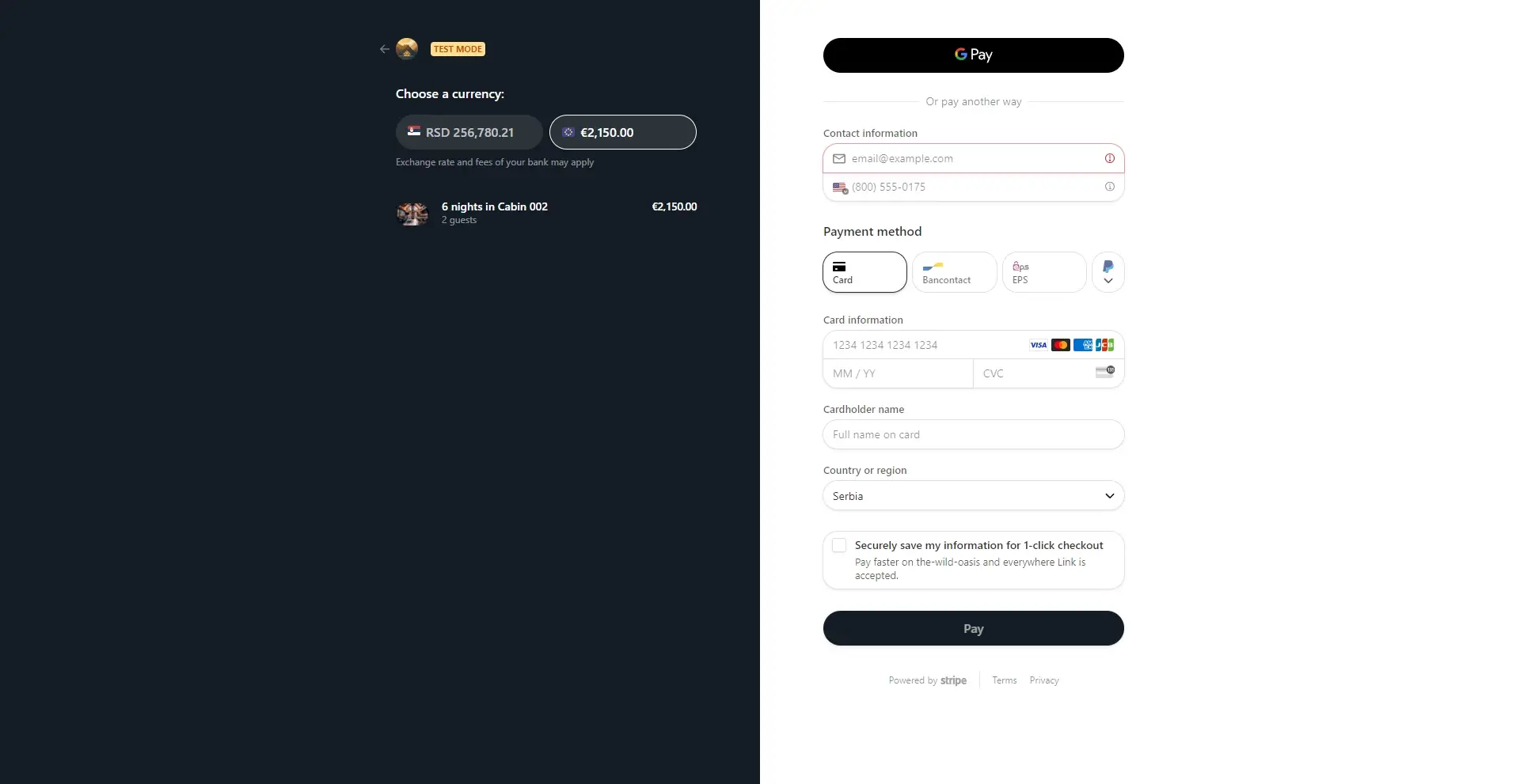 Wild Oasis payment page with stripe