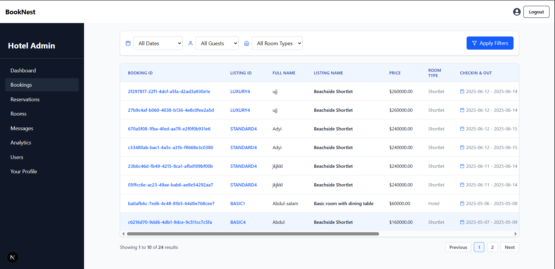 Bookings page of the admin management system