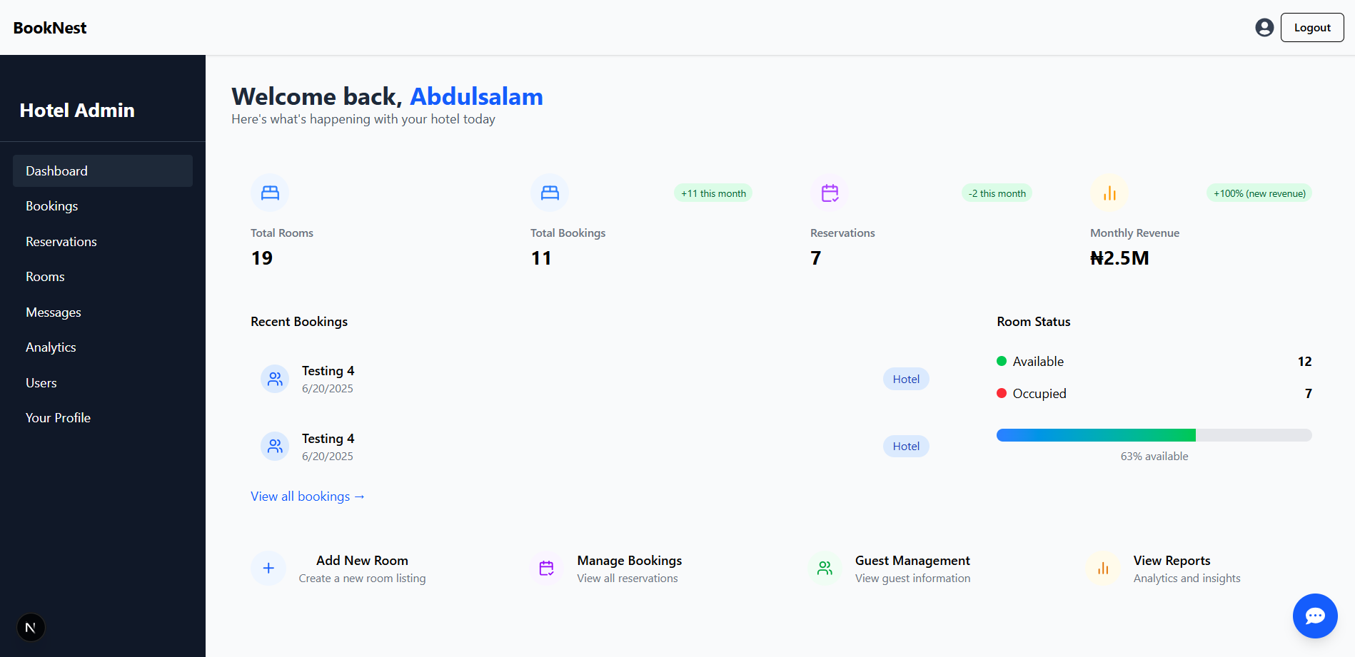 Dashboard of Booknest admin management system