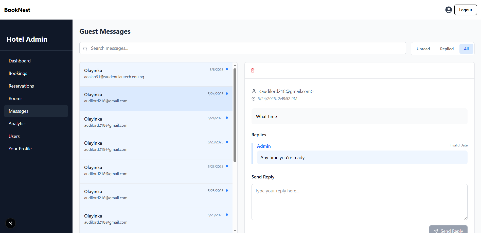 Messages page of the admin management system
