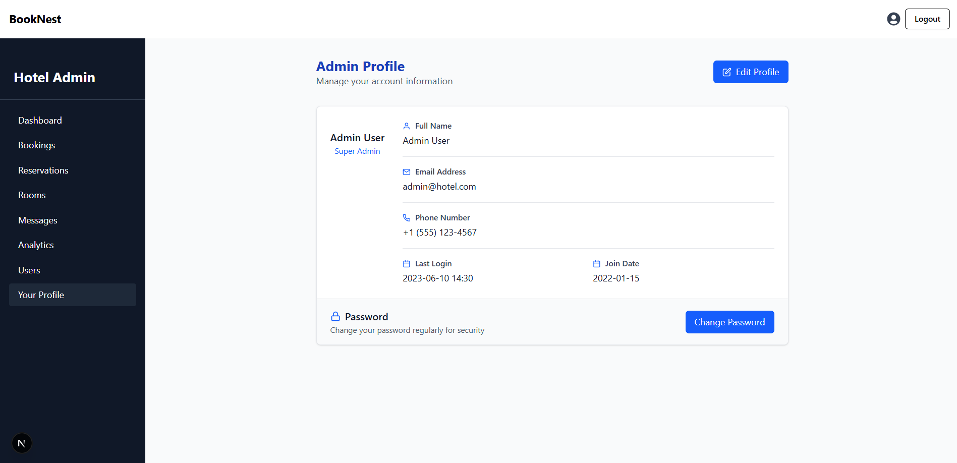 Profile page of the admin management system